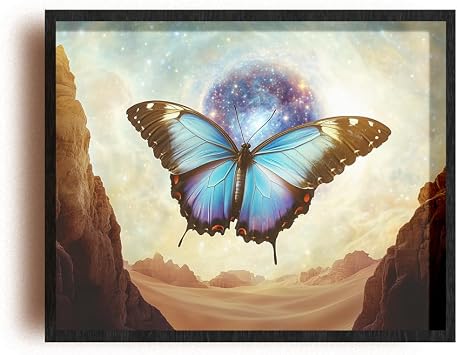 Unframed 20 x 16 IN Matte Wall Art Print Of Symbolism Poster Featuring a Blue Morpho Butterfly Floating in Cosmic Nebula Over Desert Oasis, Capturing Ethereal Grace and Colorful. - 925POSMi4703sWH