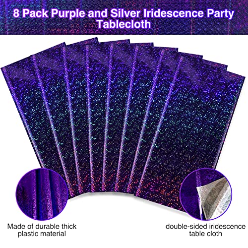 Image of FunnyPars 8 Pack Iridescent Plastic Tablecloths Shiny Disposable Laser Rectangle Table Covers Holographic Foil Tablecloth Iridescent Kpop Birthday Bridal Wedding Party Decoration, 54 inchx108 inch(Purple)