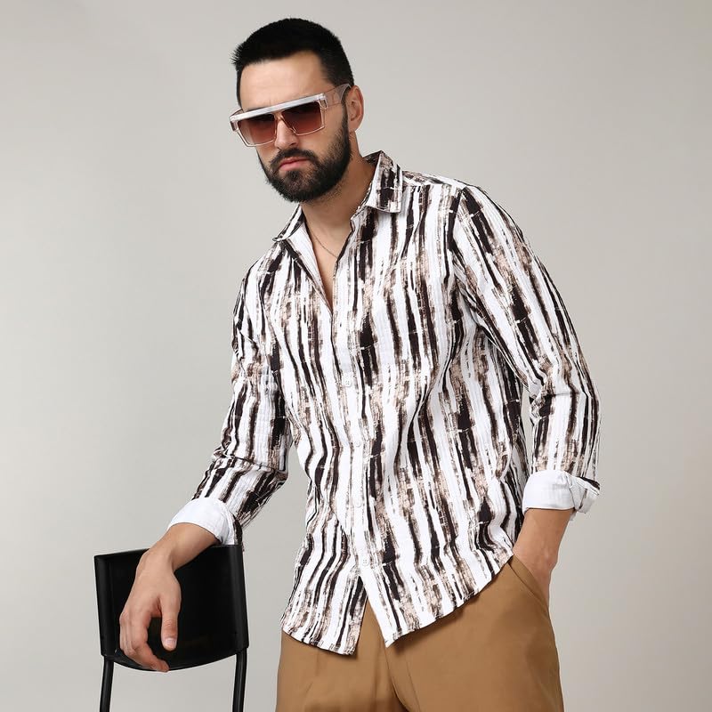 Image of CAHOOT Men's Self-Design Striped Shirt for Casual Wear | Spread Collar | Long Sleeve | Button Closure | Shirt Crafted with Comfort Fit for Everyday Wear