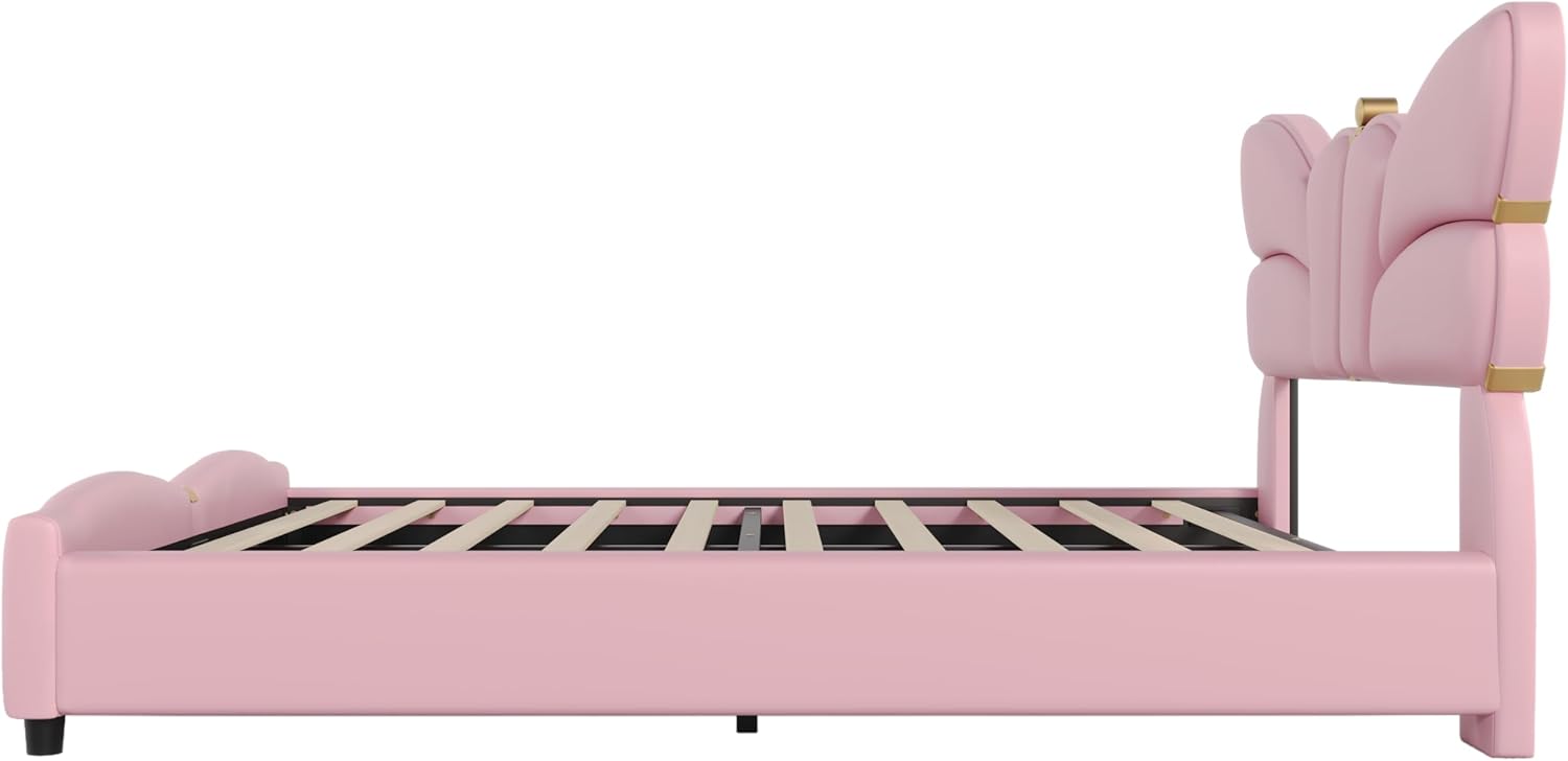 Queen Size Upholstered PU Leather Bed Frame with Butterfly Headboard and Footboard,Modern Platform Bed with Gold Metal Accents,No Box Spring Needed,Wooden Slat Support,Easy Assembly,Light Pink