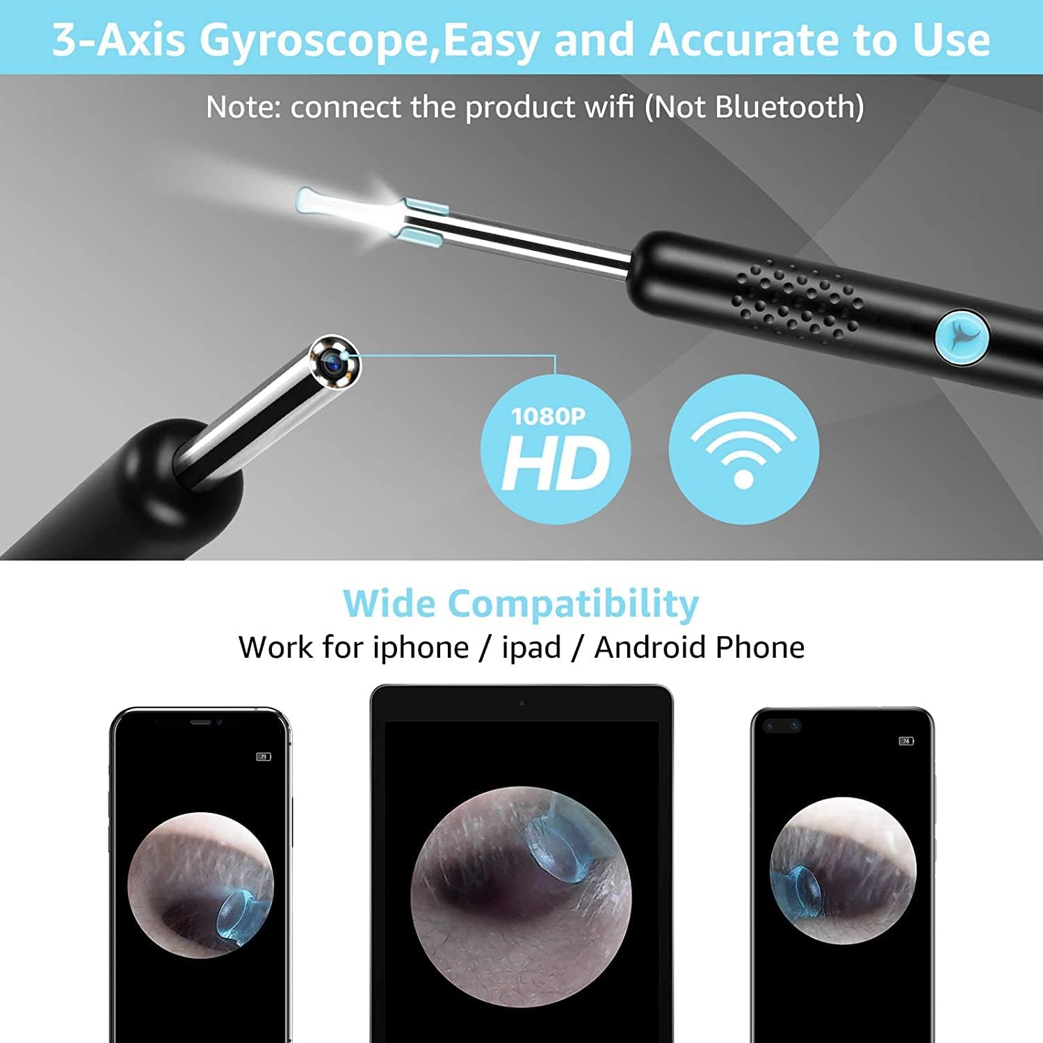 Ear Wax Removal with Camera, Wireless Ear Cleaner Tool Kit, 1080P FHD Ear Endoscope Otoscope with 6 LED Light, Spade Earwax Removal Ear Cleaning Kit for iPhone, iPad & Android Smart Phones (Black)