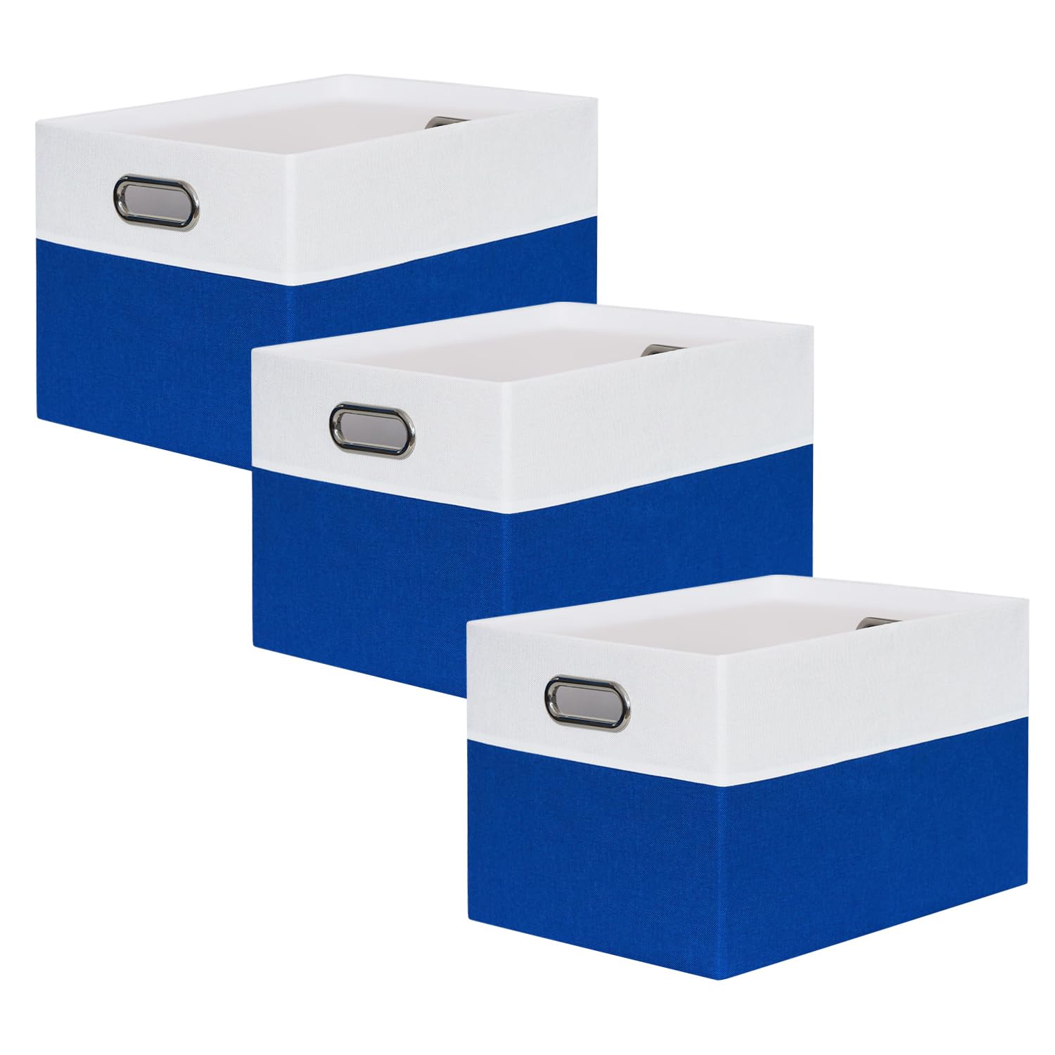 3 Stück Aufbewahrungsbox aus Stoff, Faltbare Ordnungsboxen mit Metallgriff, Boxen Aufbewahrung, Faltbox, Aufbewahrung für Kleidung, Geeignet für Schränke, Büros, 38x28x24 cm (Weiß & Blau)