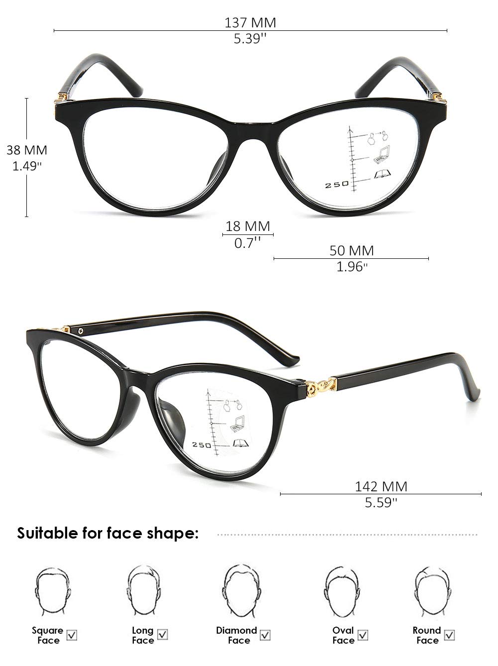 KOOSUFA Damen Gleitsichtbrille Progressive Multifokus Lesebrille Cateye | Intelligente Gleitsicht, Anti-Blaulicht, Katzenaugen, Kunststoff, Hornbrille Lesehilfe, 1,0 1,5 2,0 2,5 3,0 3,5