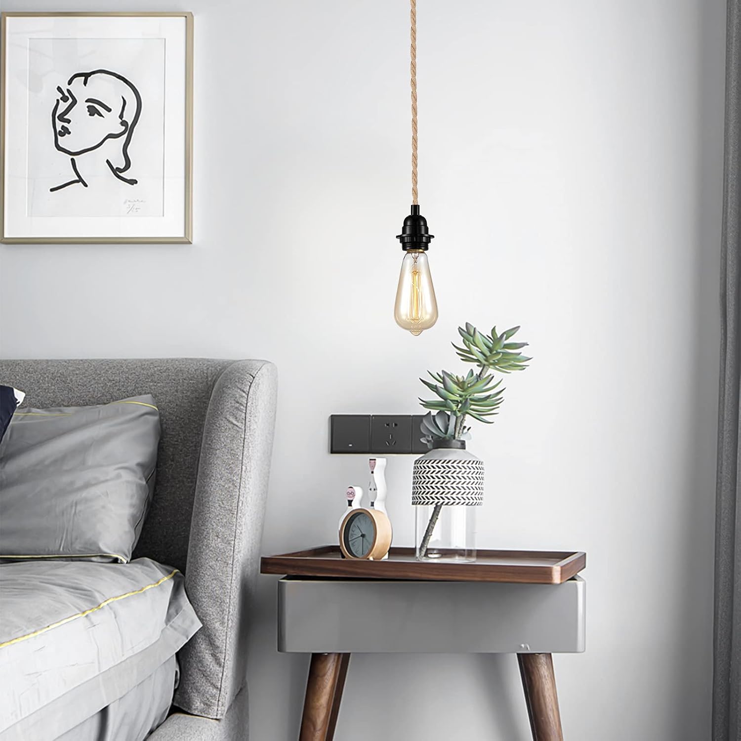 Industrial 15ft Pendant Light Cord - Hanging Light Kit with Switch Plug in Vintage Fabric Lamp Cord with Twisted Hemp Rope Pendant Lights Socket Set E26 E27 for Pendant Lamp Farmhouse Lamp Cable DIY : Tools & Home Improvement