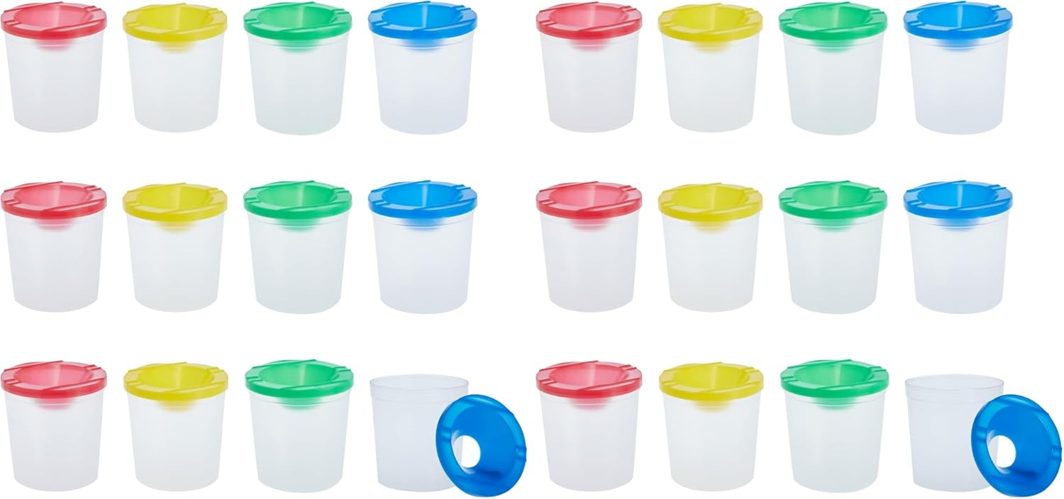 Juvale 24 Pack No Spill Paint Cups With Lids for Kids, Arts and Crafts Supplies for Classrooms (4 Colors, 3 x 3 In) - Paint Water Cup - No Mess Painting for Toddlers