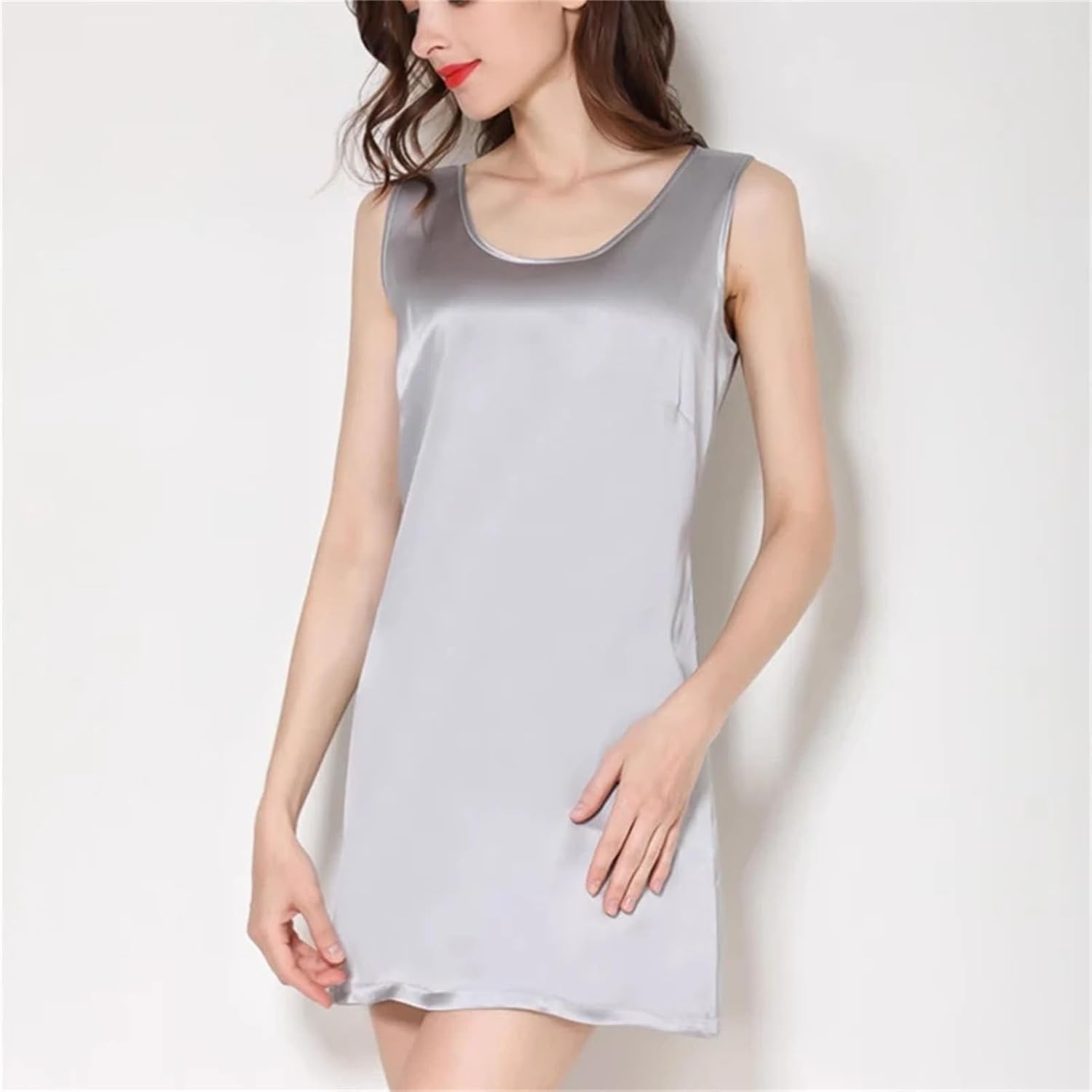 女性用シルクナイトドレス、100%マルベリーシルク16匁ノースリーブスリップ