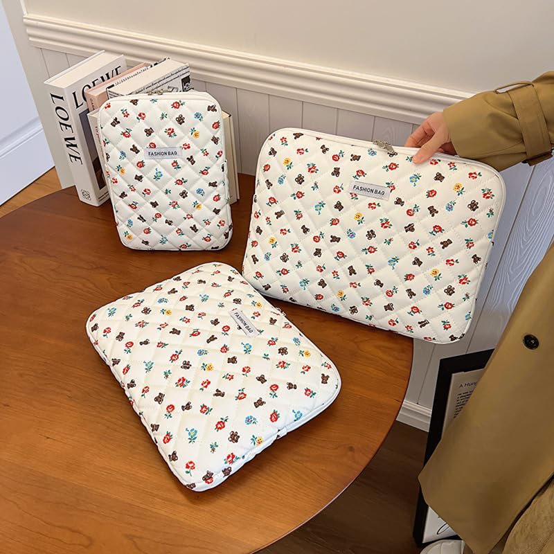 Floral Bear Printed Puffy Laptop Sleeve 13 15 inch Aesthetic Carrying Tablet Case Coquette Pad Bag Cover Cute Liner Pouch Preppy Office Accessories (No Handle,15 inch)