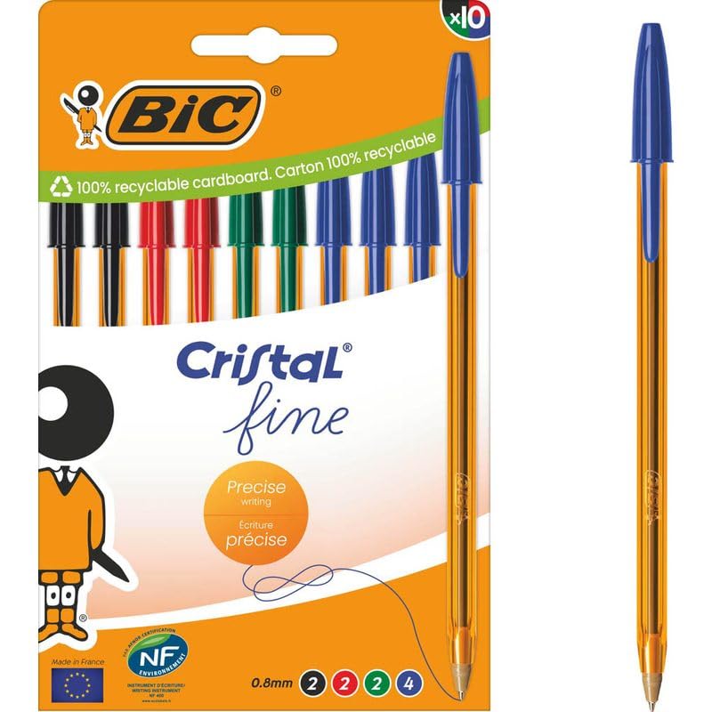 BIC Cristal Original Fine Bolígrafo Punta Fina (0,8 mm) con cuerpo naranja translúcido - Colores de tinta surtidos, caja de cartón de 10