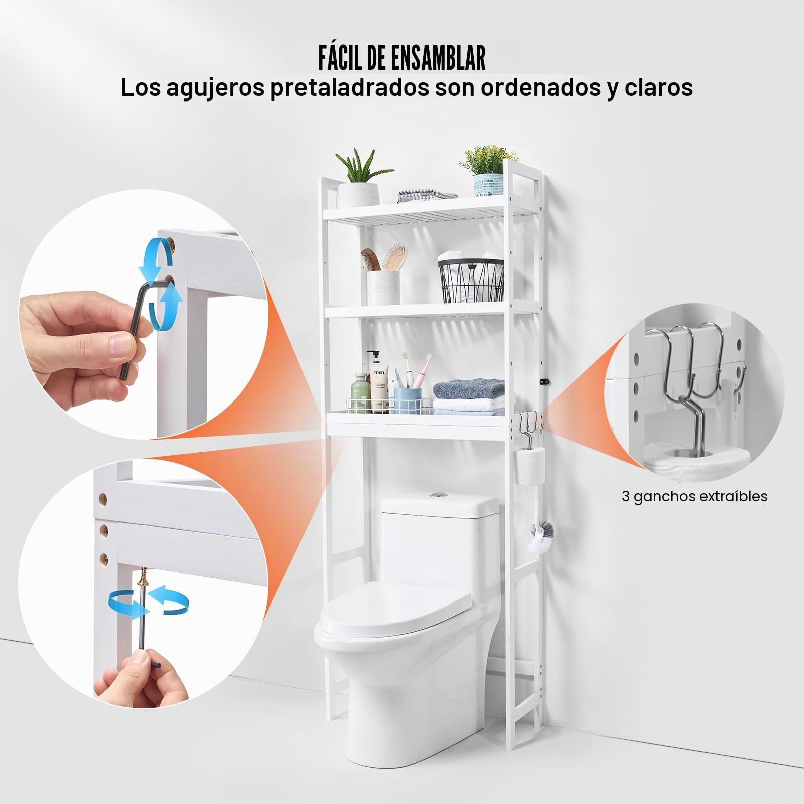 VEVOR Estante para Inodoro Ajustable de 3 Niveles Almacenamiento sobre Inodoro Estantería de Madera para Baño con 3 Ganchos Mueble de Baño Adecuado para la Mayoría de los Inodoros, Lavadero, Blanco