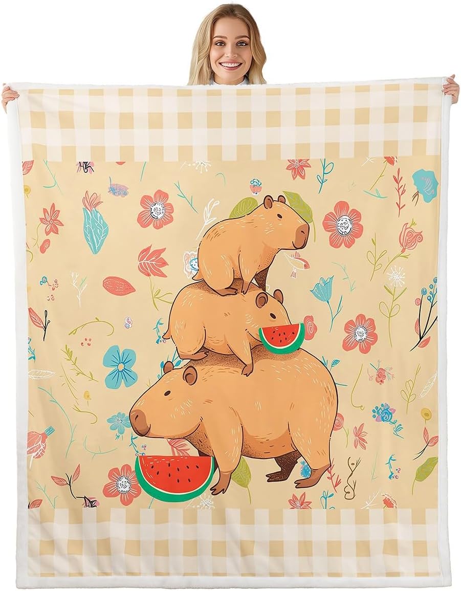 Cute Capybara Throws Blanket,Funny Capybara Cartoon Animal Family Sherpa Blanket for Girls Teens, Watercolor Floral Grid Plaid Microfiber Fleece Blanket Room Decor, Throw Size (50 x 60 Inch)