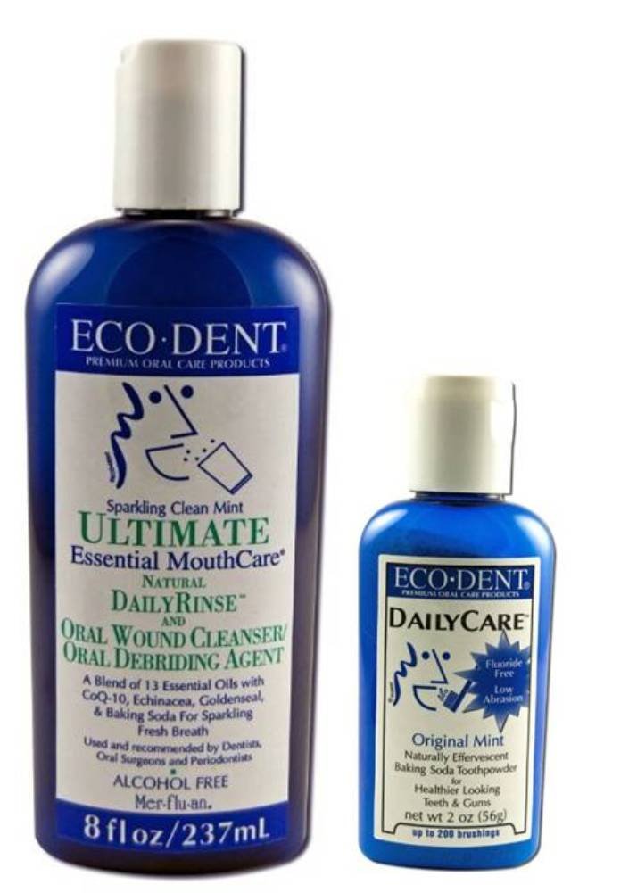 Eco-Dent Premium Oral Care Mint Rinse And Toothpowder Bundle: (1) Eco-Dent Ultimate Essential MouthCare Natural DailyRinse Sparkling Clean Mint, 240ml, and (1) Eco-Dent DailyCare Baking Soda Toothp...