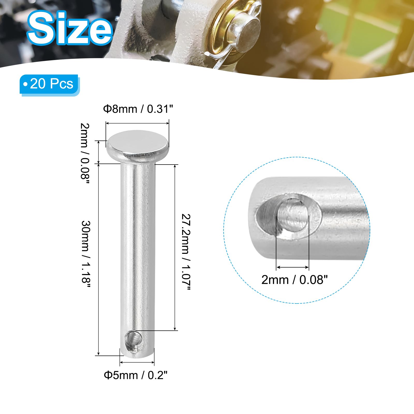 PATIKIL 5 x 30 Mm Single Hole Clevis Pins, 20 Pcs 304 Stainless Steel Flat Head Pin for Hitch Pin Lock Link Hinge Systems Silver - Image 2