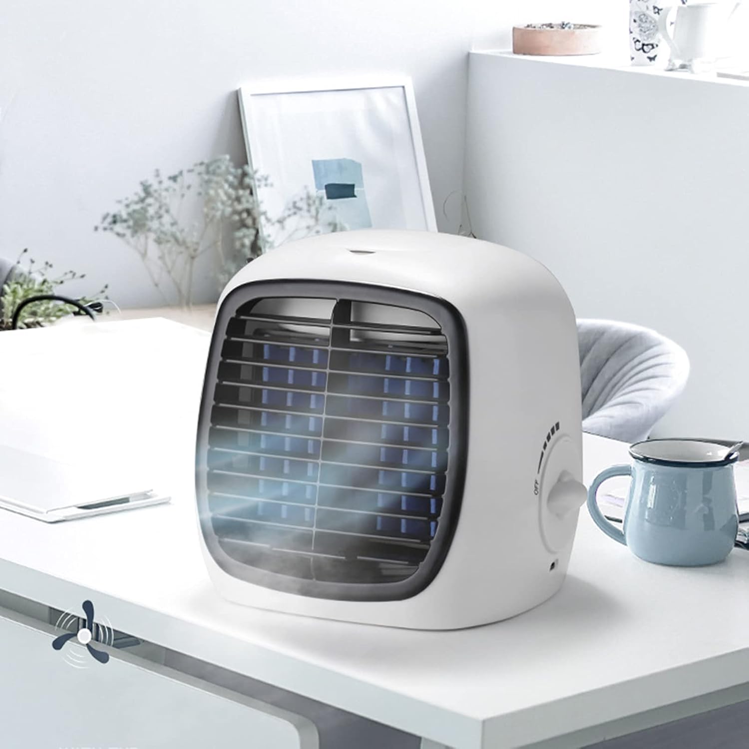 Portable Personal Air Cooler, 2 in 1 USB 280ml Stepless Adjustment Evaporative Cooler for Office Home 35db Quiet Mini Air Conditioner Fan (White,21×17.5×18cm)