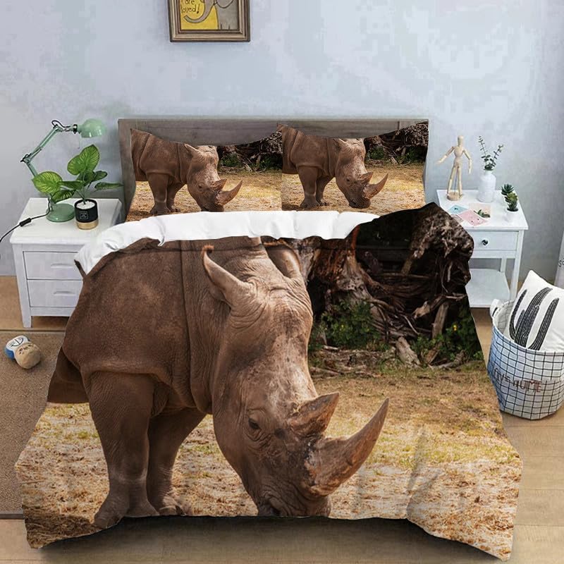 Housse de couette 220x240 rhinocéros beige en microfibre avec 2 taies d'oreiller