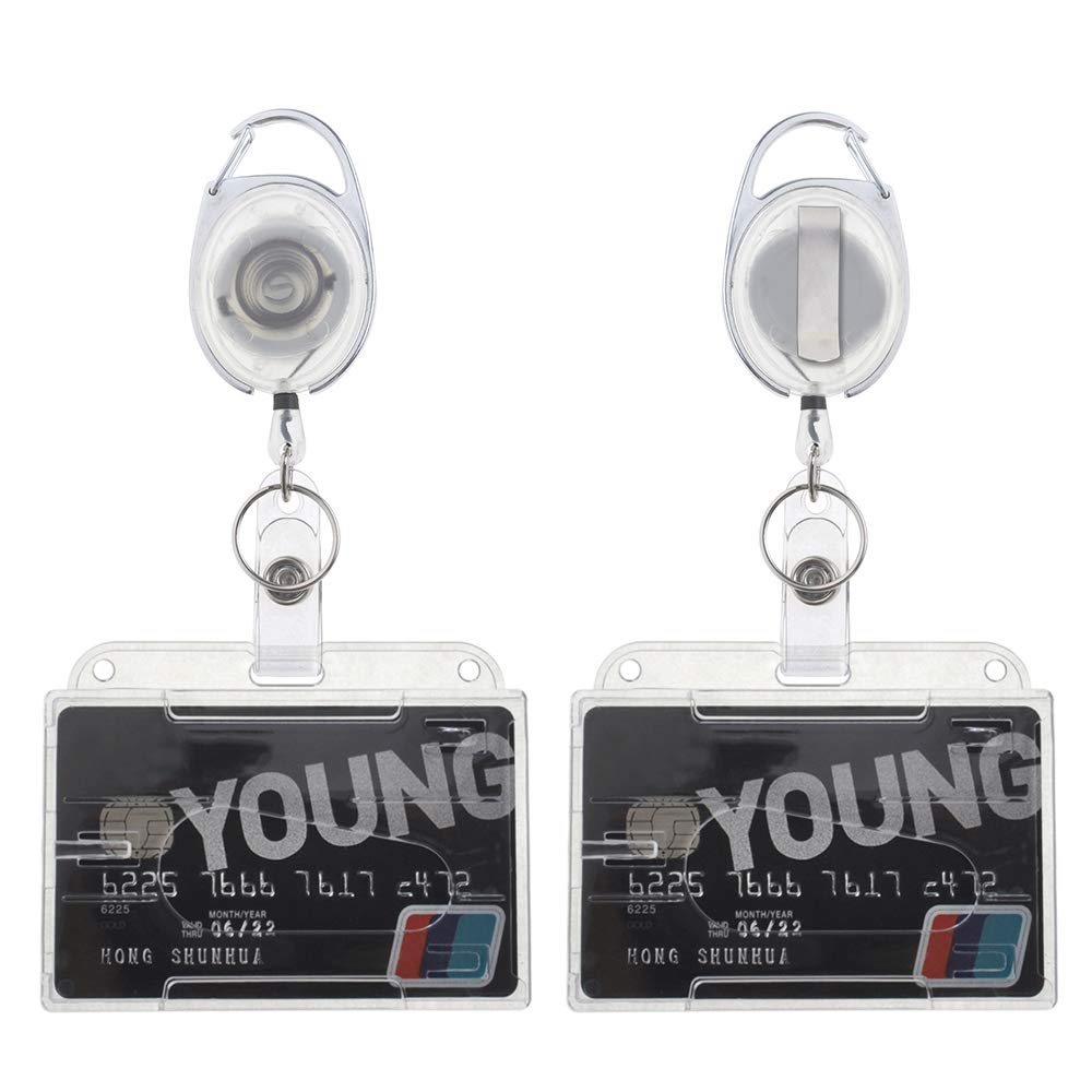 GOGO 2 Packs Plastic Rigid Badge Holder with Retractable Badge Reel Carabiner Clip (4 pcs)-2 pairs white