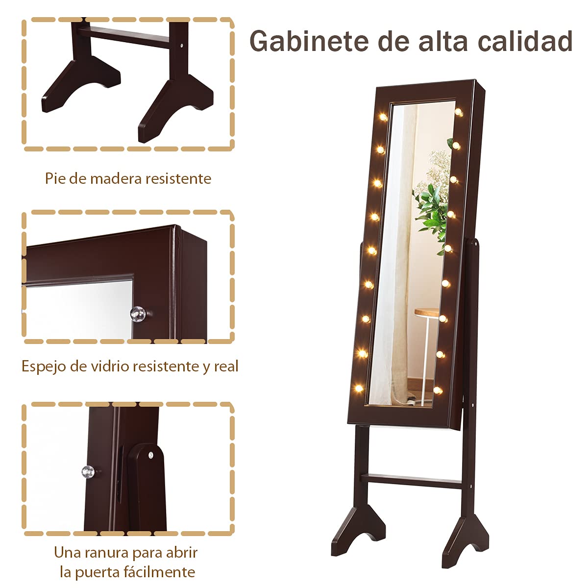 COSTWAY Armario para Joyas Espejo Joyero de Pie con 18 LED, Inclinación Ajustable, Marrón