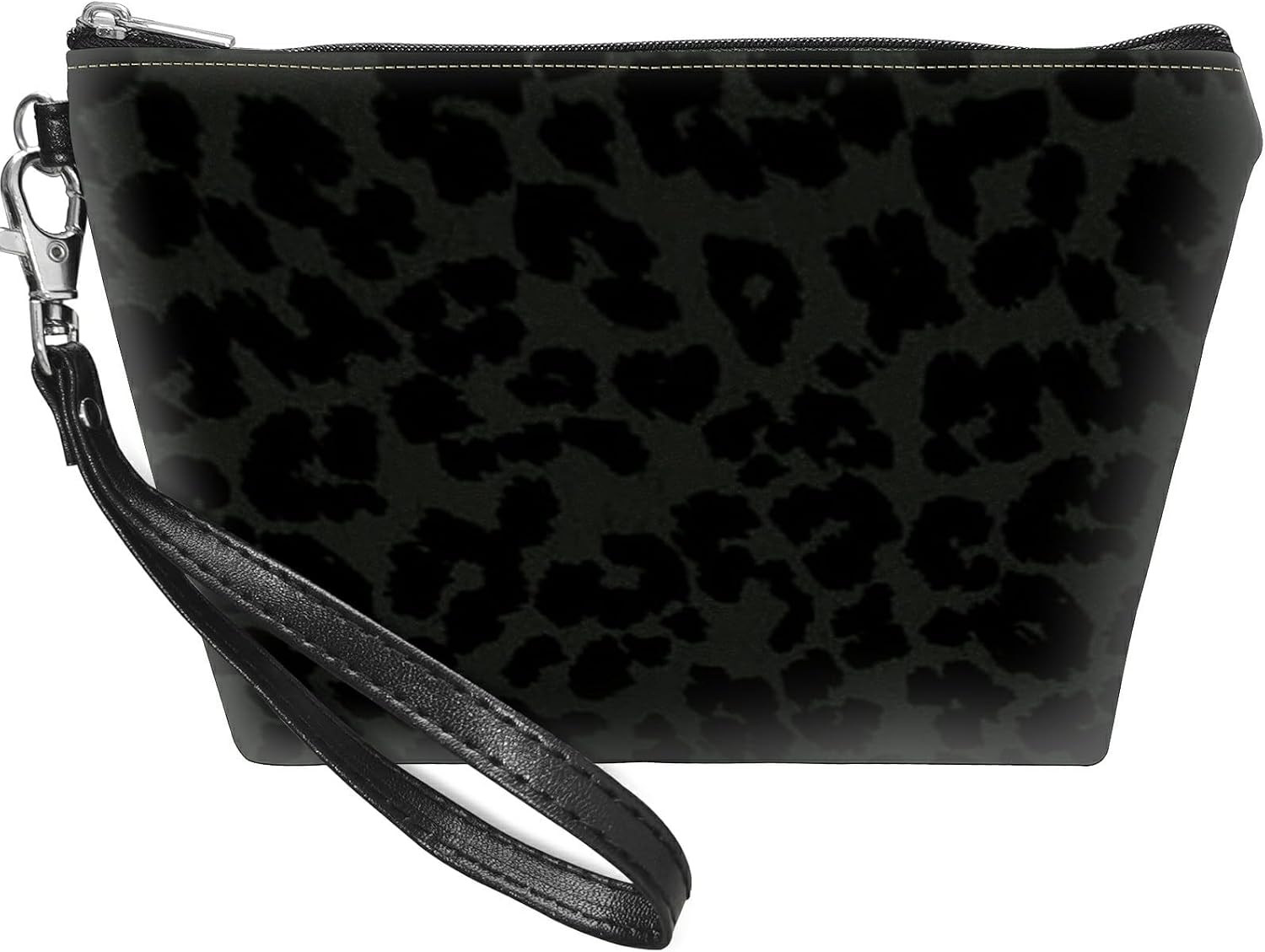 Small Makeup Bag with Wrist Strap, Black Leopards Cosmetic Bags Toiletry Organizer Bag Waterproof Makeup Pouch with Zipper Travel Accessories Stocking Stuffers Gift for Women