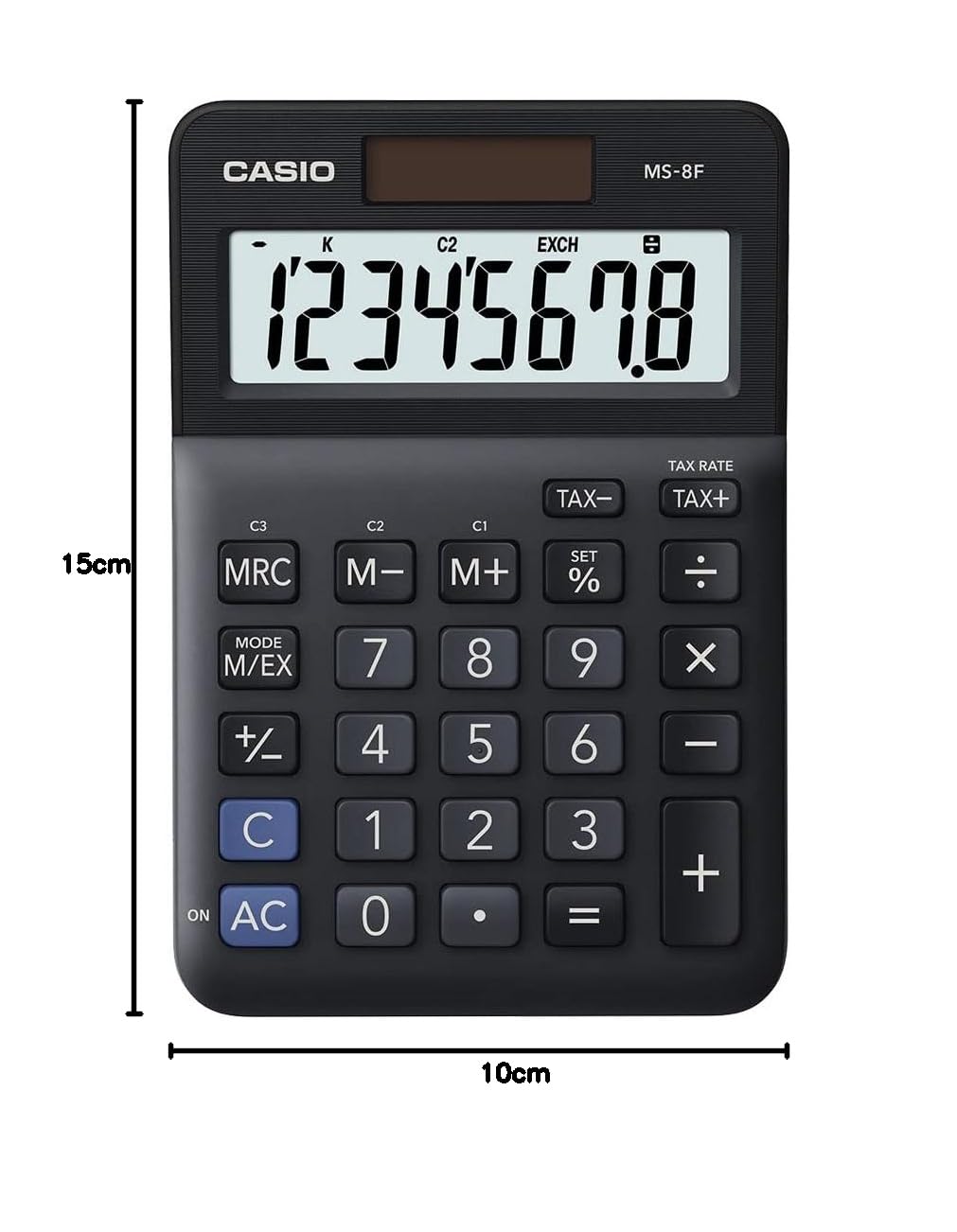 Casio Kalkulator stołowy MS-8F, 8-cyfrowy, obliczanie podatku, przeliczenie walut, zmiana znaku, zasilanie energią słoneczną/bateryjną
