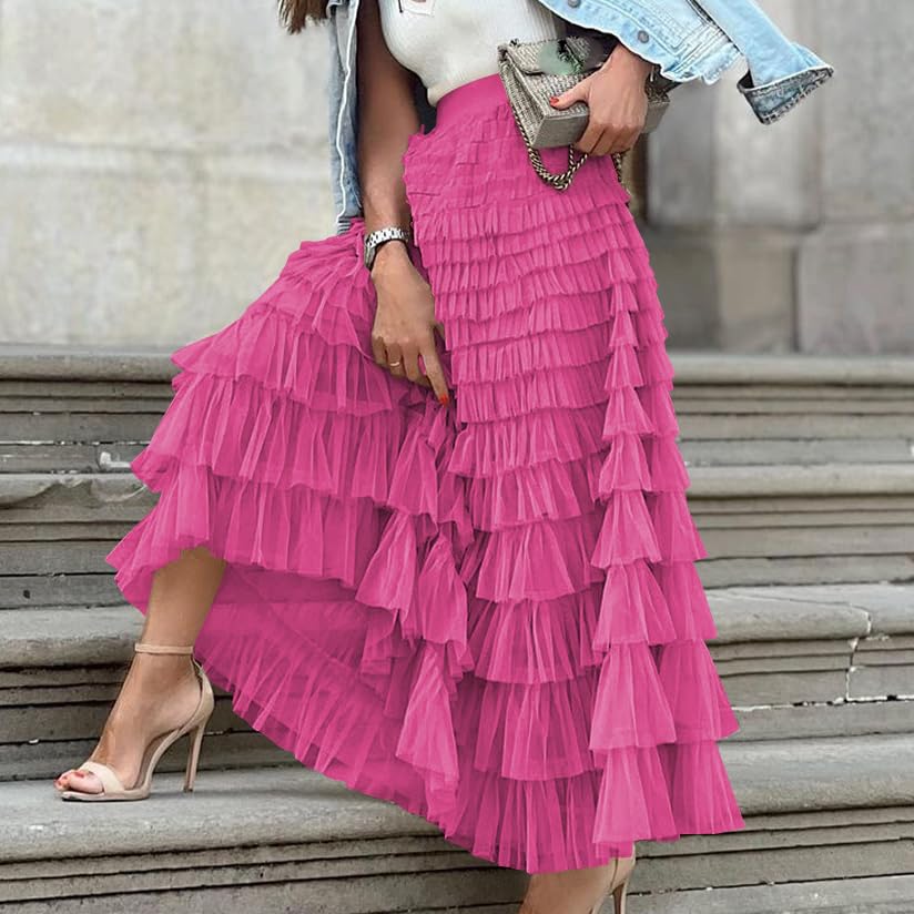 Women's Solid Sweet Lovely Cake Elastic Waist Layered Long Maxi Tulle A Line Skirts3