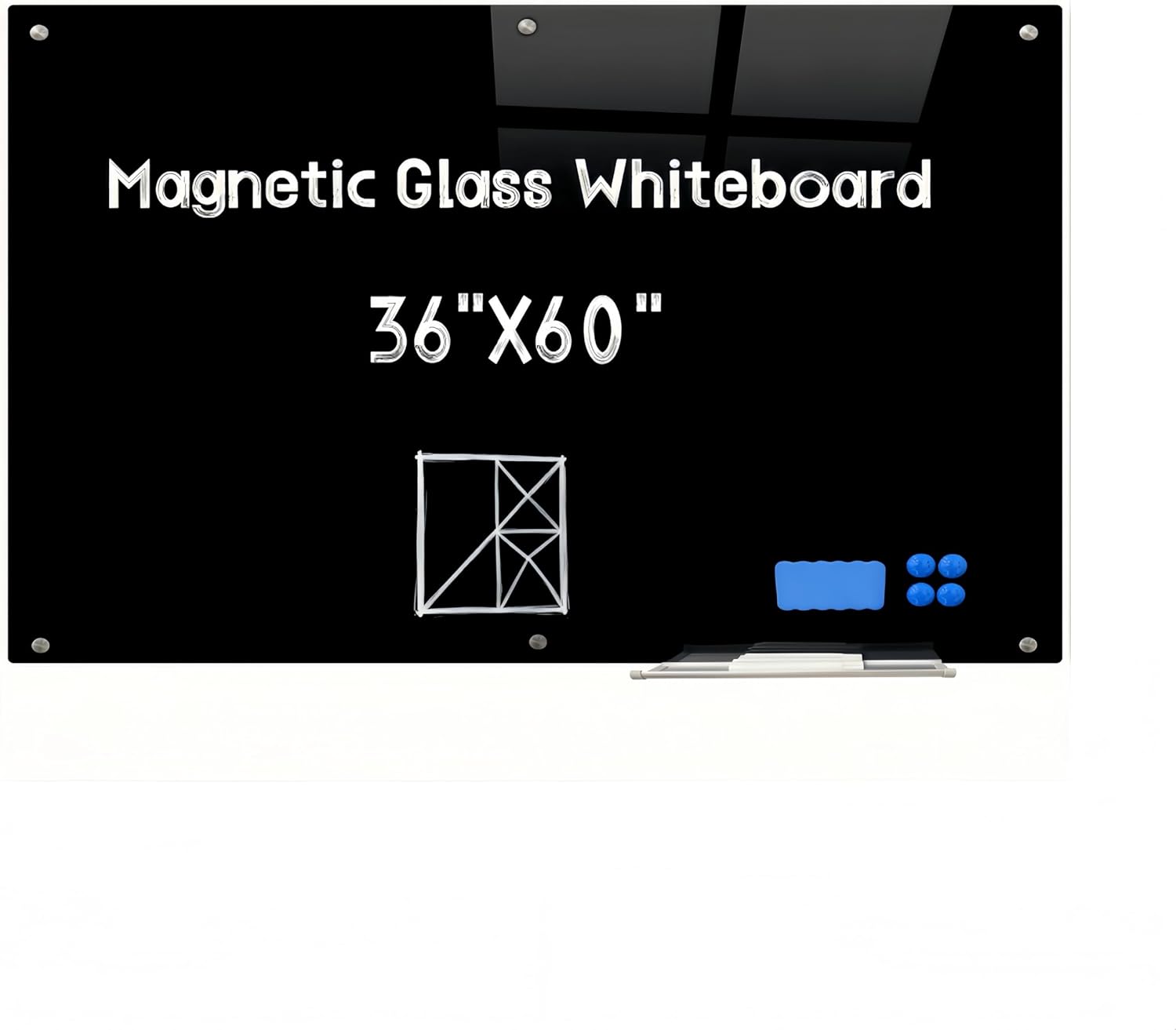 Premium 36" x 60" Black Magnetic Glass Dry Erase Board - Frameless Tempered Glass Whiteboard, Wall Mounted, Includes 6 Markers - Perfect for Office, Home, School