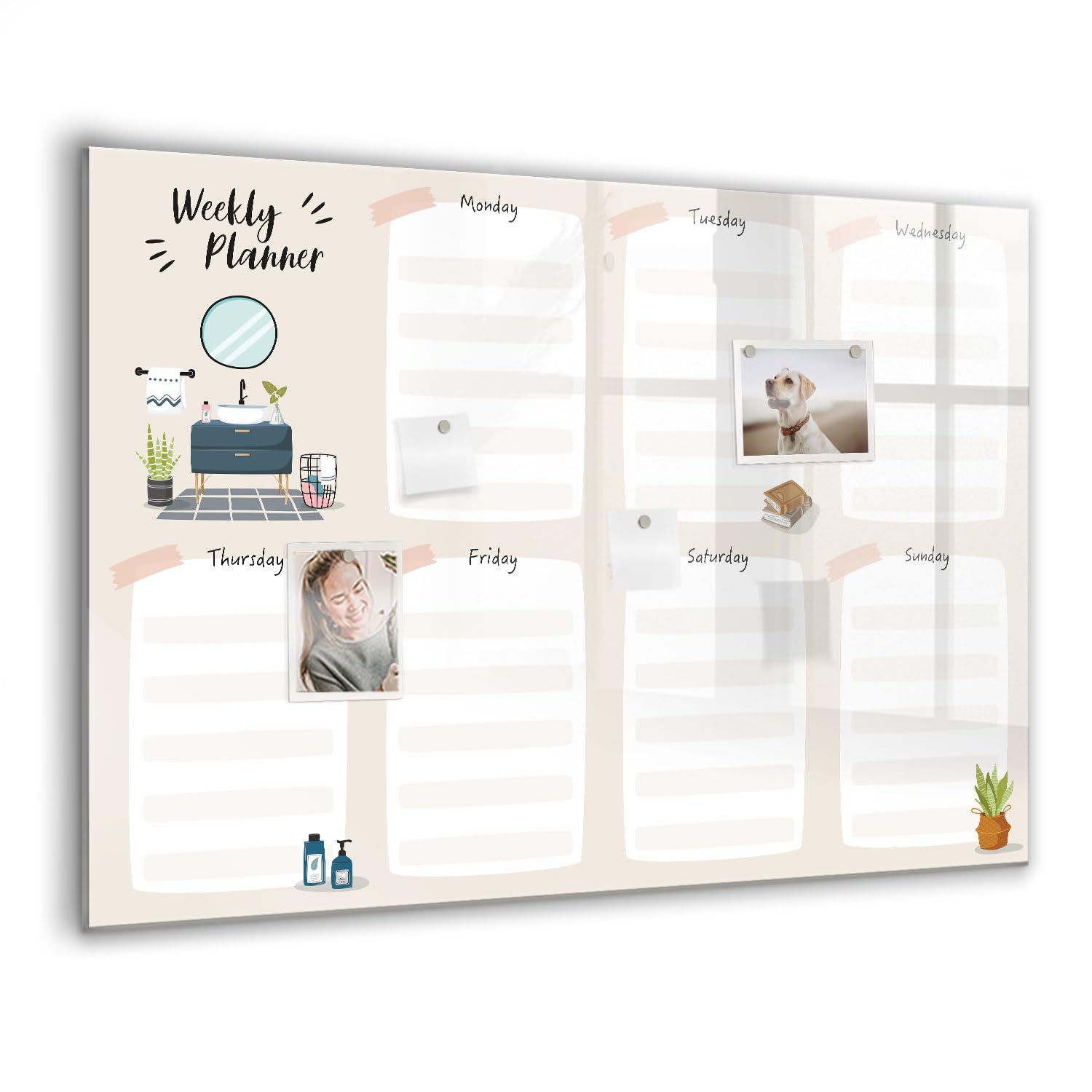 Lavagna Magnetica Moderna in Vetro | Kit Completo: Magneti, Pennarello e Gomma | Perfetta per Appunti, Foto e Pianificazione - 100x70 - Agenda settimanale