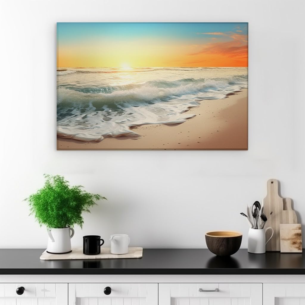 Canvas for Living room. Sunset Serenity on Golden Shores � Embracing Peace as Waves Kiss the Sand, 27 x 18 inch Canvas Wall Art - Contemporary Masterpieces - Modern Home Decor