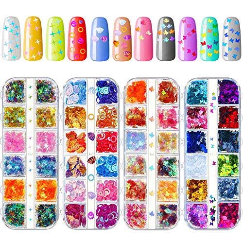 4 Box Nail Sequin Glitter Butterfly Star Flakes Laser Holographic Iridescent Glitter Manicure Decorations for Nails Art Eye Face Body Hair DIY Craft, Various Color (Shell Round Star Leaf Butterfly)