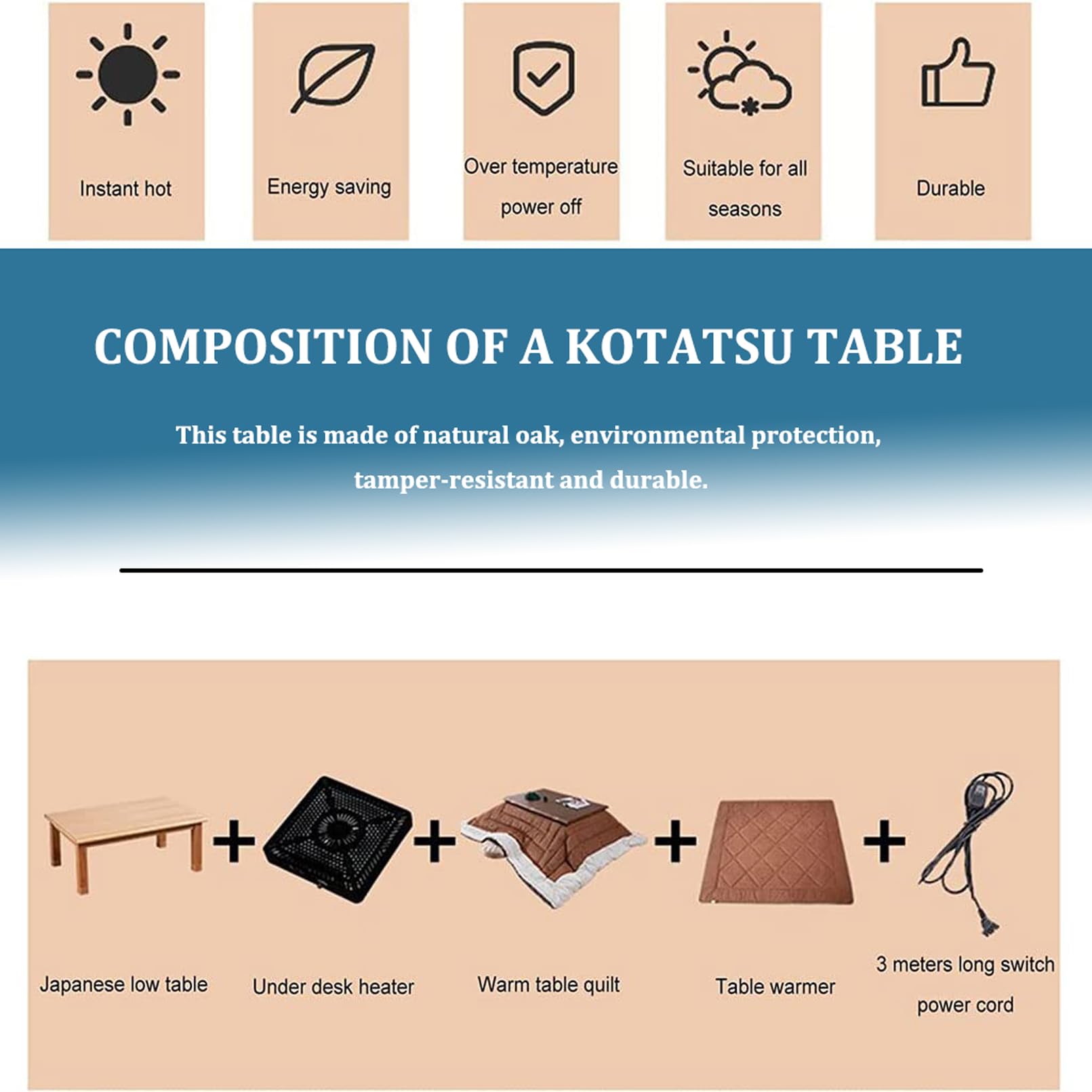 Set da Tavolo 4 con Tappeto riscaldante Trapuntato, mobili Giapponesi, tavoli riscaldati Tatami Futon, piumone, Tavolo da Pranzo Basso, Coperta, scaldapiedi per la casa (caffè D)