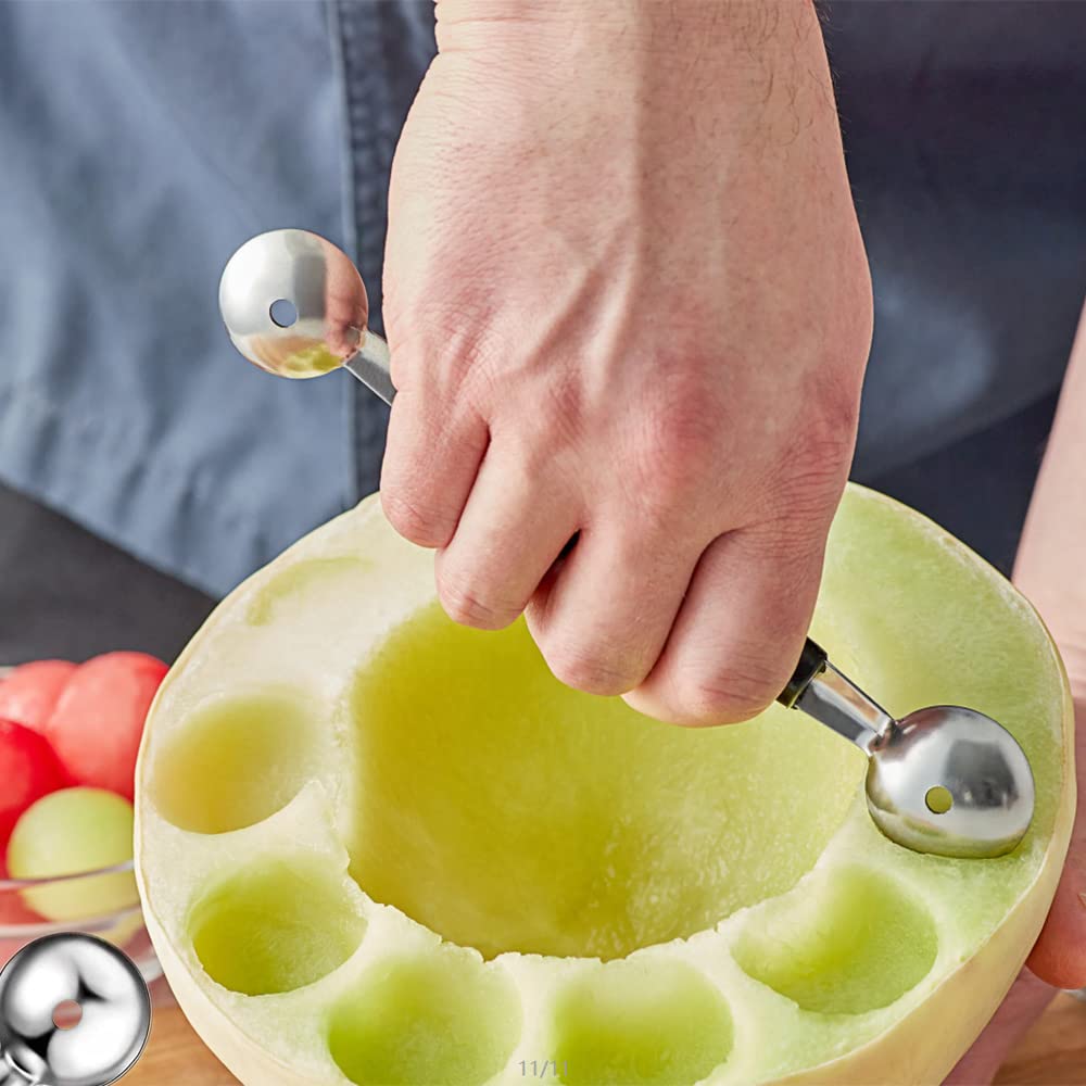 2Pcs Cuchara de Helado de Doble Cara, Cucharas de Melón de Acero Inoxidable, Cuchara de Bolas Redondas para Postre Ensalada Frutas, Plateado