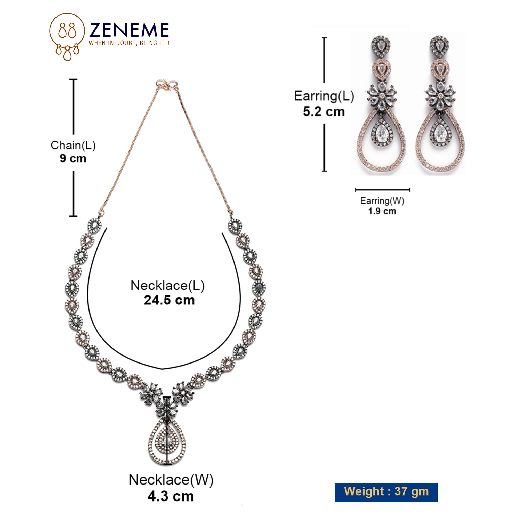 Gunmetal Toned AD Studded Teardrop & Floral Necklace Set