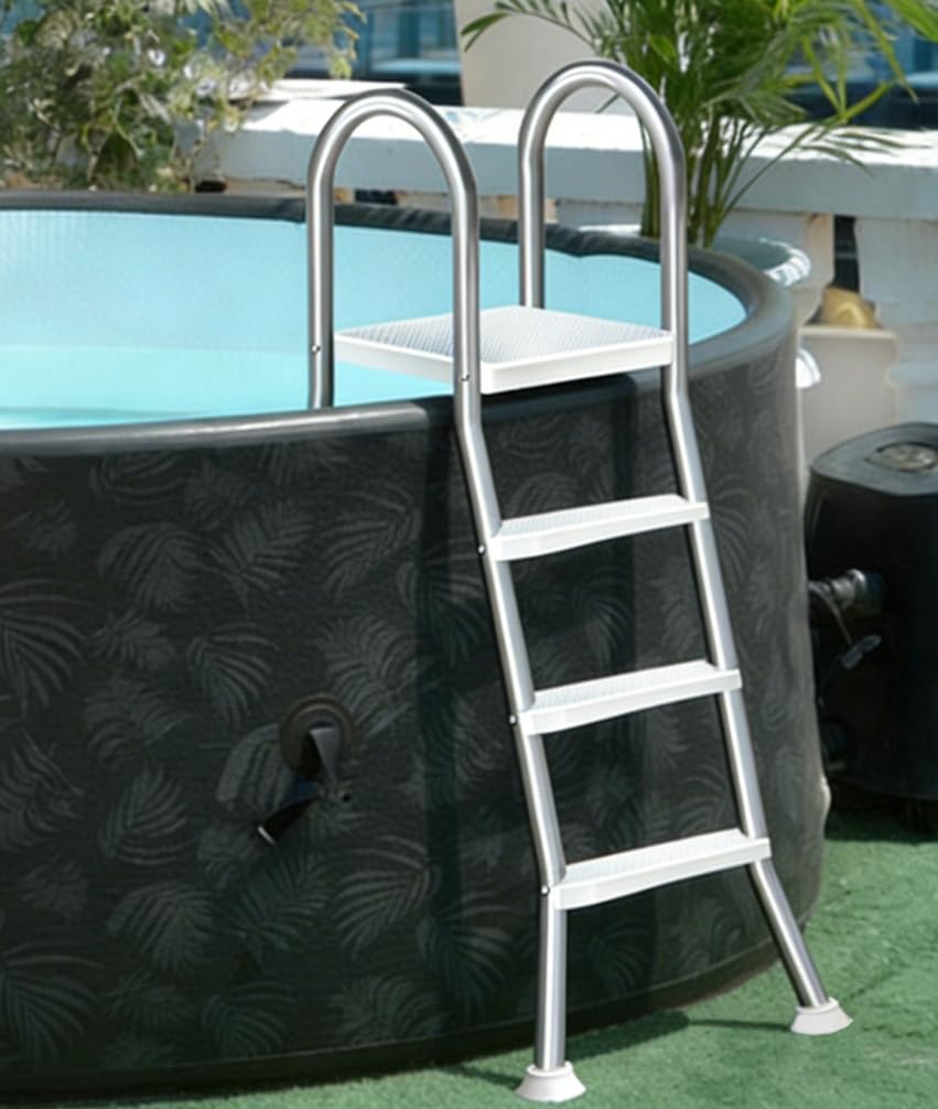 Escalera para Piscina, 3 Peldaños con Pasamanos Dobles y Peldaños Antideslizantes, Capacidad 250 kg, para Piscinas Elevadas de 110 cm Cualquier Superficie de Terraza,110cm