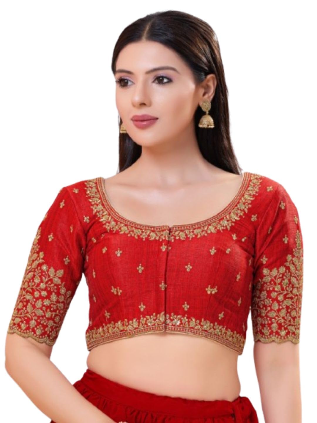 Women's Mulbury Silk Padded Front Open Elbow Sleeves Saree Blouse-image-21