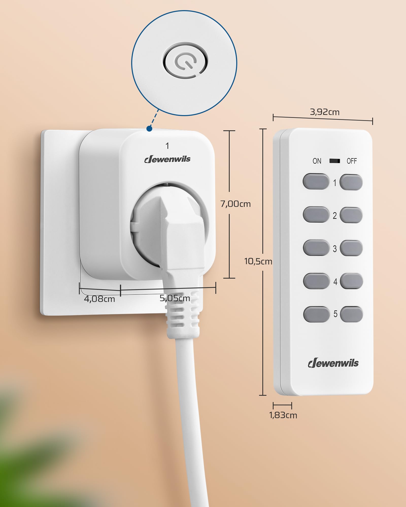 DEWENWILS Prises Sans Fil avec 2 Télécommandes, 10A 2300W, 5 Prises | Sans Câble Requis, Interrupteur Lumière Extensible pour Décoration de Fêtes, Portée 30 m, Préprogrammé, Blanc