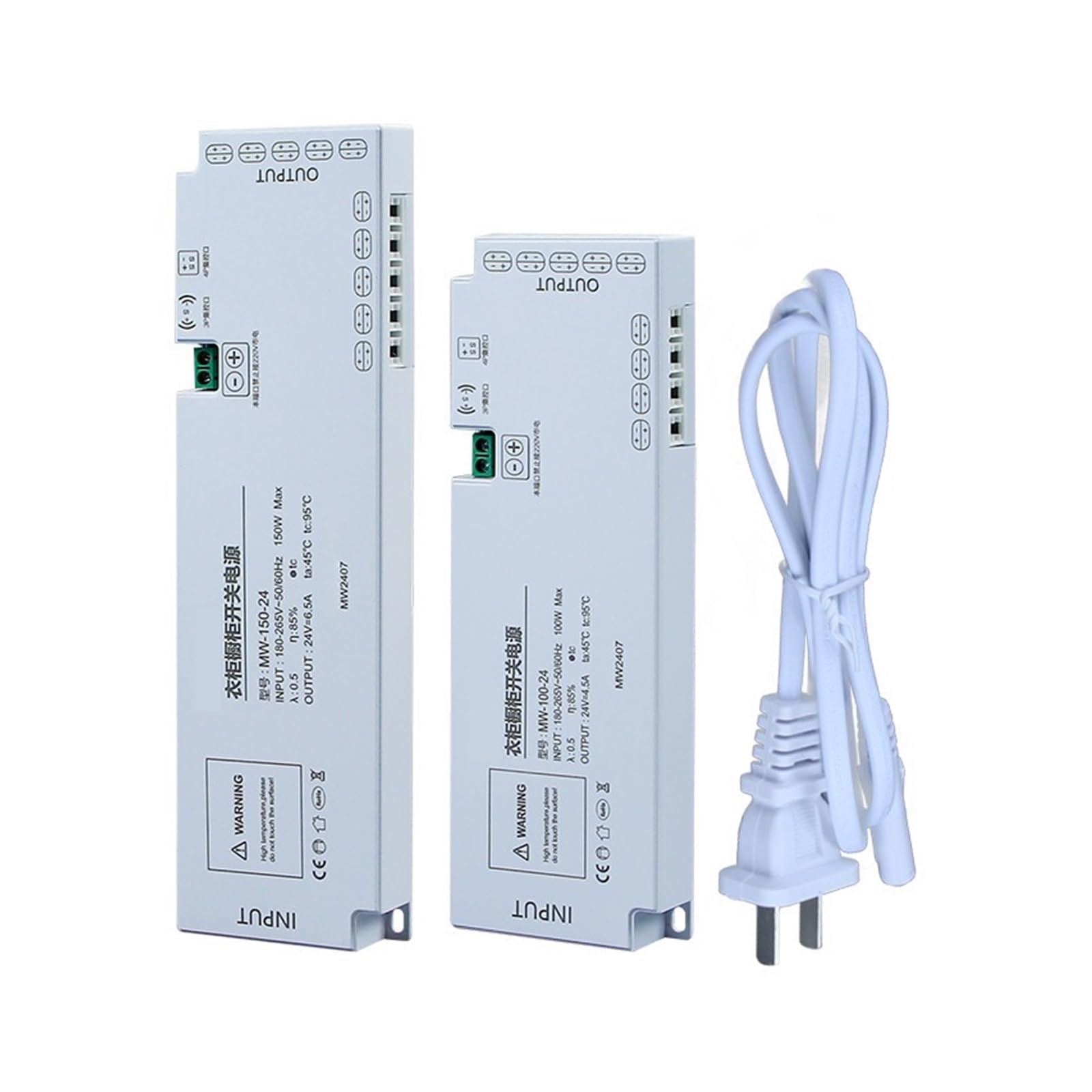 Zasilacz sieciowy do oświetlenia szafy na ubrania (220 V na 12 V/24 V) z transformatorem, interfejsem i przełącznikiem czujnika (MW-150W-24V)
