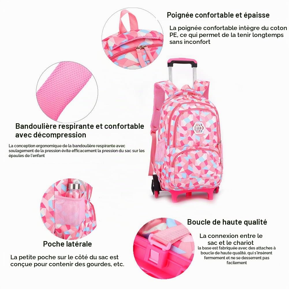 Garçons Filles Sac à Dos de Chariot avec 6 roulettes, Enfant Sac d'école Roulant École Primaire Livre Bagage Etudiant Imperméable pour Voyage Étude