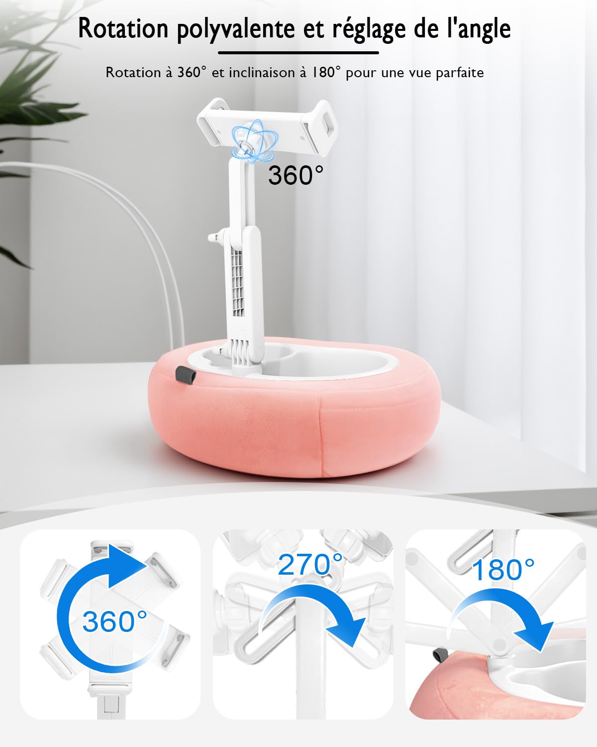Miledi Support Tablette avec Coussin, Support Kindle, Coussin Support Rotatif à 360° Compatible avec Appareils de 5 à 12,9 Pouces, Support Téléphone pour Lecture au Lit, Rose