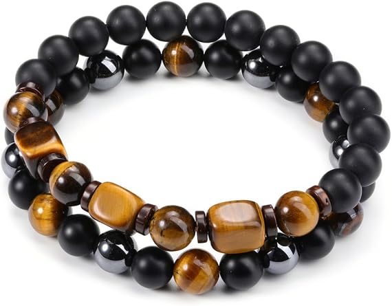Pearl Bracelet Mens Set 2-Piece Bead Bracelets Tigers Eye Hematite Black Agate Stones Beads Bracelets Healing Stones Bracelet Male Charms Jewellery Spiritual Gifts for Men