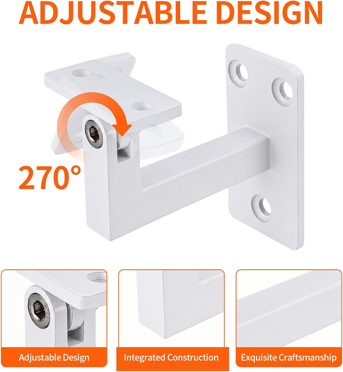 Adjustable Handrail Bracket, 3" Heavy Duty Swivel Stair Railing Bracket, White Steel Hand Rail Support for Staircase & Indoor Corridor, 3 Pack