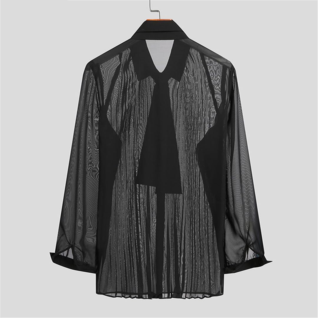 Camicia da Uomo Sexy in Maglia Trasparente con Risvolto Manica Lunga con Cravatta Pieghettata Abbigliamento da Festa Solido