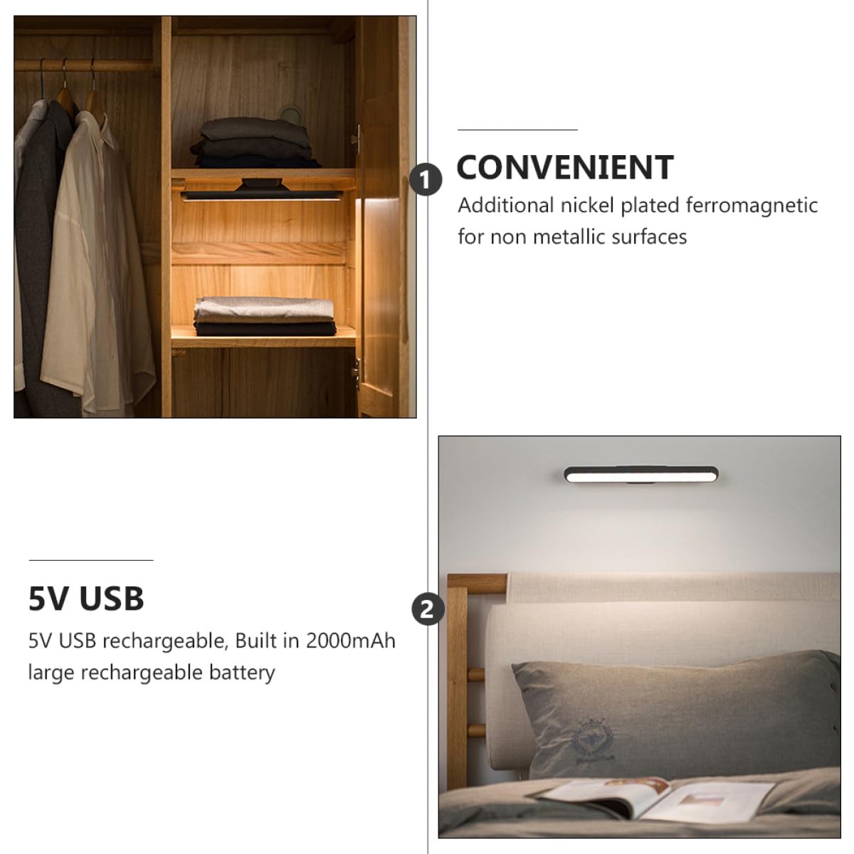 Luz de Lectura Magnética LED Recargable 2000mah Negro | Aleación de Aluminio y Abs, Diseño de Absorción Magnética, Táctil Regulable para Dormitorio y Armario