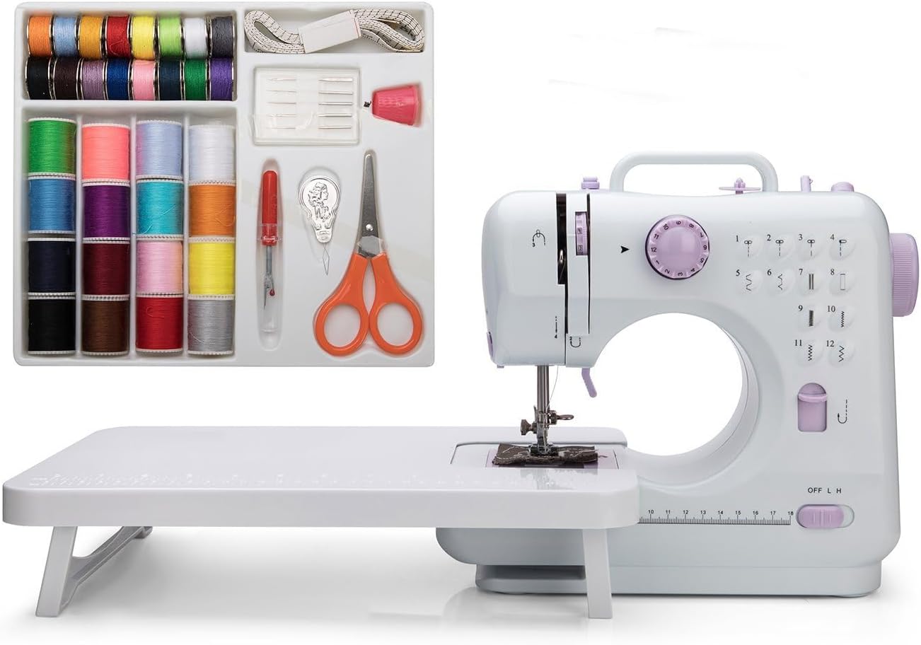 Mini Sewing Machine by Kalatic (Including Extension Table and Sewing Supplies Set) - Small Electric Overlock Sewing Machines with 2 Speed 12 Built-in Stitch Patterns KT-005-A31