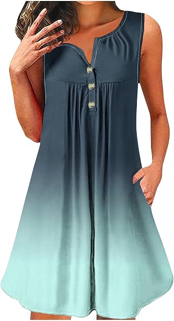 Summer Dresses for Women Beach Boho Sleeveless Sundress Gradient Flowy Tshirt Tank Dress with Pocket Resort Outfits