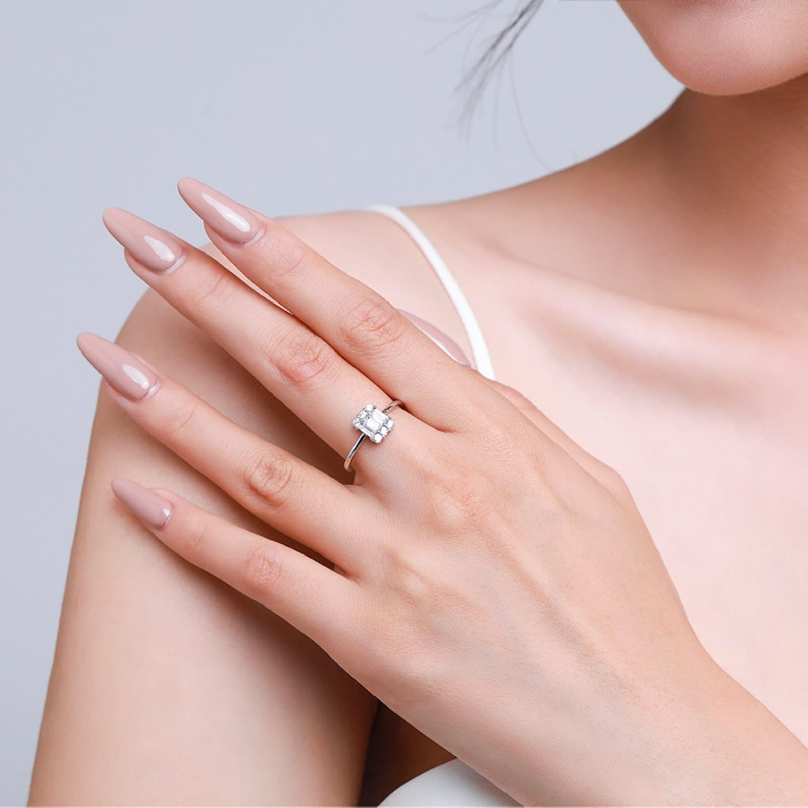KnSam Anello di fidanzamento 9 K/14 carati bianco oro bianco taglio rettangolare moissanite anelli partner Au375/585 oro bianco classico anello nuziale delicato anello nuziale vero gioielli da sposa