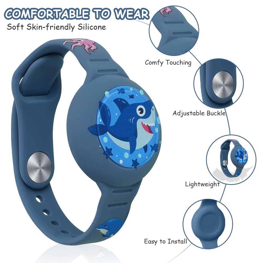 AXFEE Pulsera Compatible con Airtag, 1PCS Pulsera de Silicona para Niños, Funda Protectora Ajustable Antipérdida (Blue Shark, Airtag No Incluido) - 3