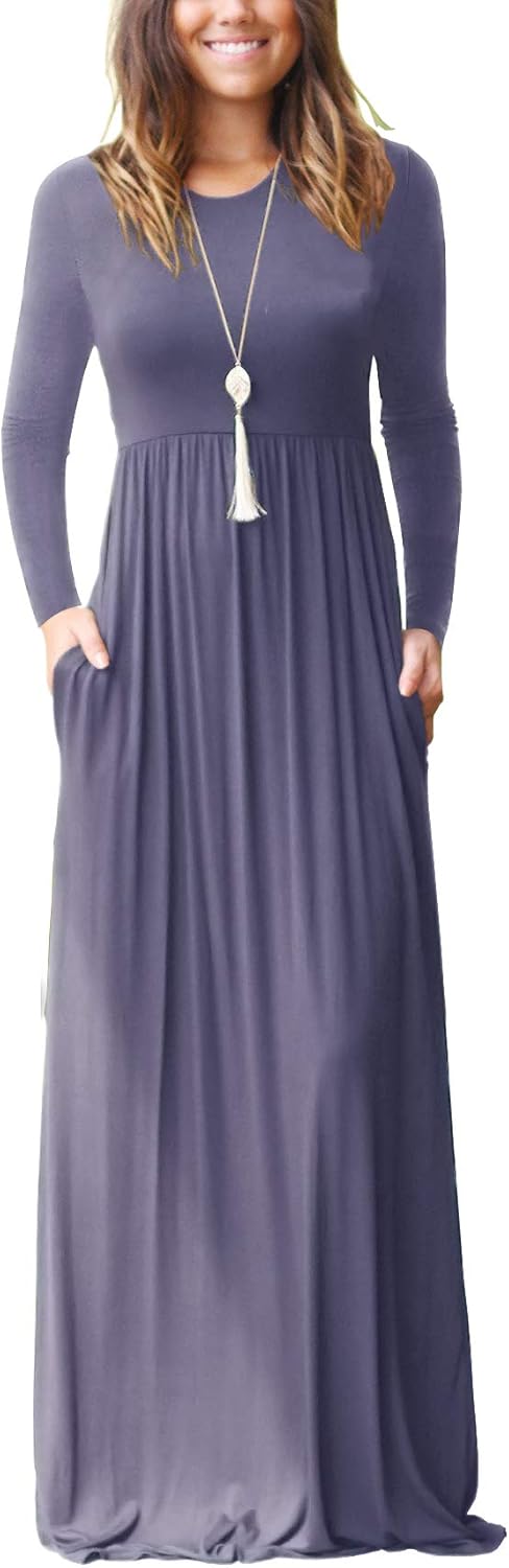 GRECERELLE Women Long Sleeve Casual Round Neck Loose Solid Floral Maxi Long Dress with Pockets, S-3XL