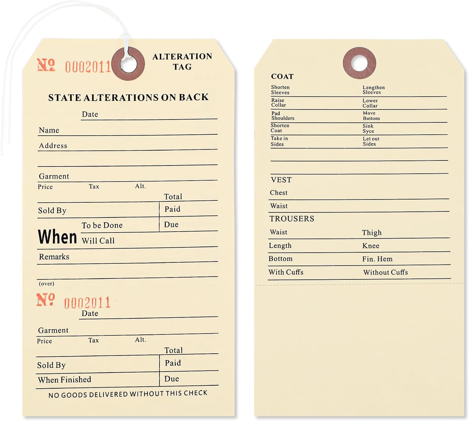 Fuyoooo 500 Pack Button Slotted Alteration Tag with Attached String 3.5 x 6.25 Inches Manila Paper Numbered Repair Tags, Two Part, Two Sided