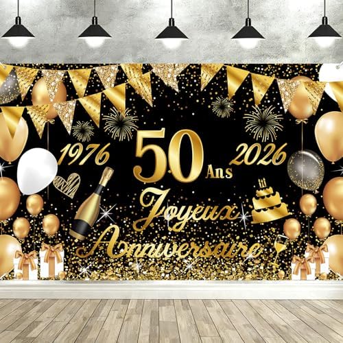 Banderole Joyeux 50 Ans 1976-2026, Décoration 50 Ans Femme Homme Toile de Fond Anniversaire, Bannière Joyeux Anniversaire pour Fête, Or Noir 180 x 110 cm