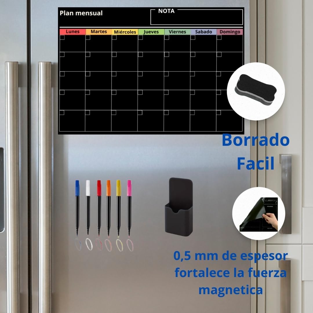 Calendario Magnetico Nevera, Planificador Mensual - Pizarra Magnetica con 5 Rotuladores y borrador, Borrado facil.