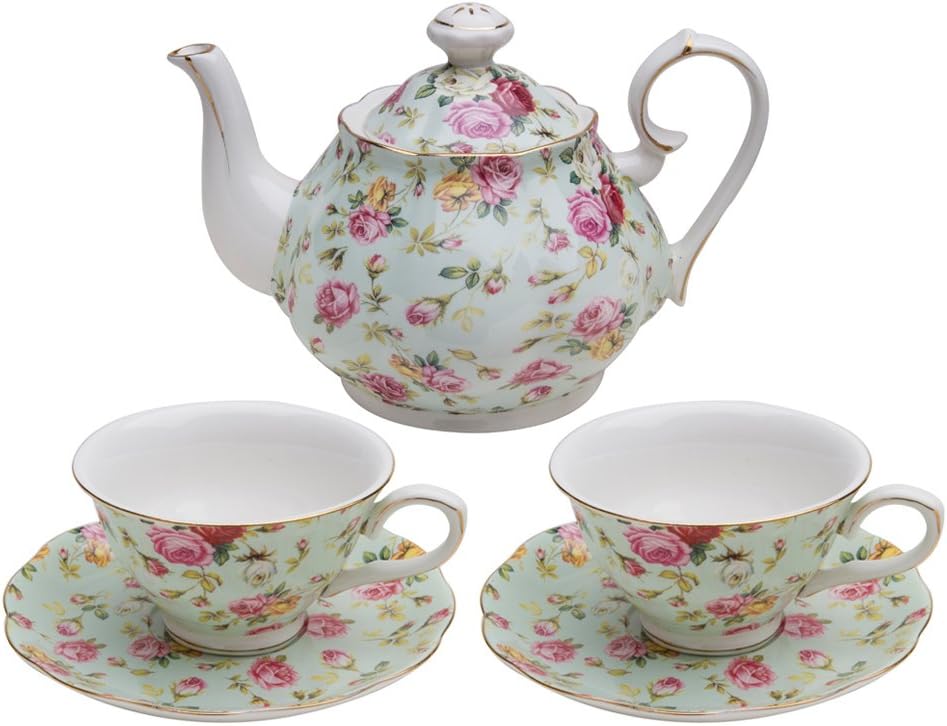 Gracie China by Coastline Imports Blue Cottage Rose Chintz 5-Piece Tea Set