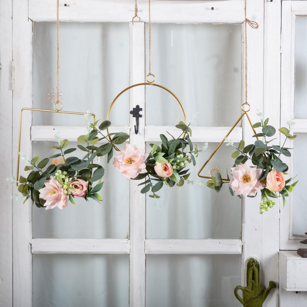 Fermus Floral Hoop Wreaths Set of 3 Artificial Flower Hanging Wall Hoop Garland with Pink Clematis Tea Rose Flowers and Green Eucalyptus Leaves for Wedding Nursery Wall Decor